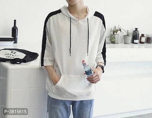 Men's White Cotton Self Pattern Hooded Tees-thumb3