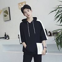 Men's Black Cotton Self Pattern Hooded Tees-thumb1