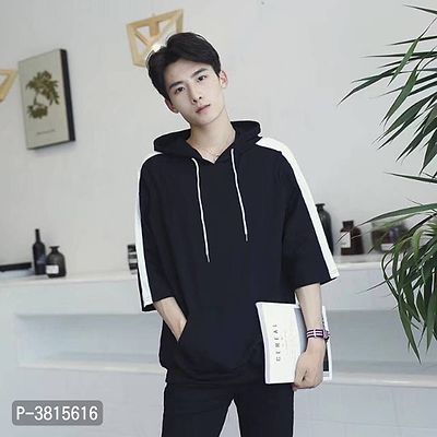 Men's Black Cotton Self Pattern Hooded Tees-thumb2