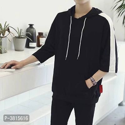 Men's Black Cotton Self Pattern Hooded Tees-thumb0