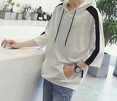 Men's White Cotton Self Pattern Hooded Tees-thumb3