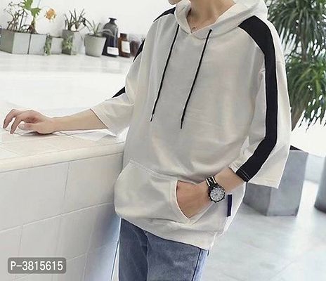 Men's White Cotton Self Pattern Hooded Tees-thumb4