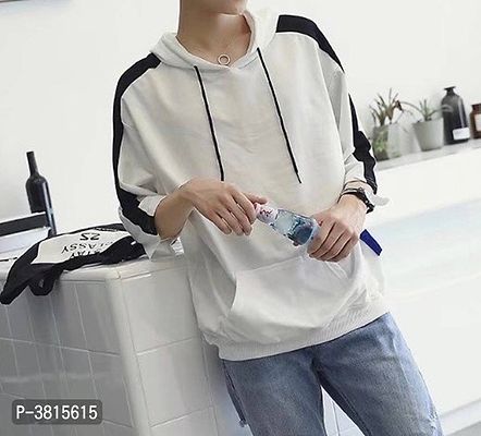 Men's White Cotton Self Pattern Hooded Tees