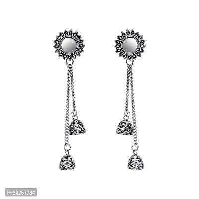 Nation Craft Mosaic Mirror Chandelier Silver Earrings For Women And Girls-thumb0