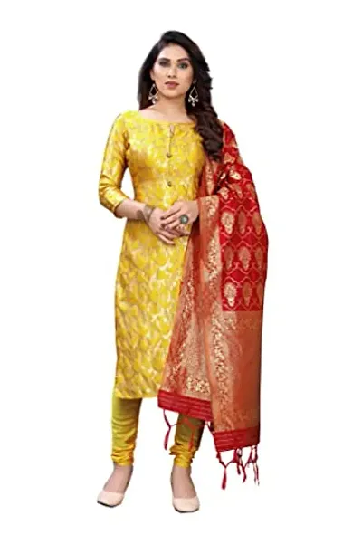 Magicthreads Women's Cotton Chanderi Soft Zari Worked Unstitched Salwar Suit Dress Material with Banarasi Chanderi Dupatta