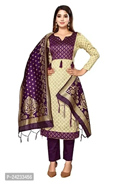 Womens Jacquard Cream Purple Un-Stitched  Woven Salwar Suit (Dress) Material With Dupatta.(Eva)