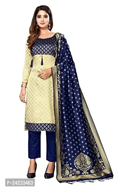 Womens Jacquard Cream Navy Un-Stitched Woven Salwar Suit (Dress) Material With Dupatta.(Eva)