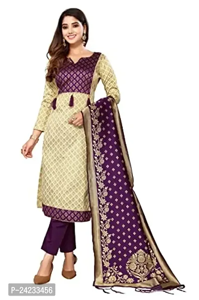 Womens Jacquard Cream Purple Un-Stitched  Woven Salwar Suit (Dress) Material With Dupatta.(Eva)-thumb3