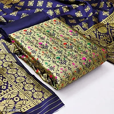 Womens Jacquard Navy Banarasi Silk Woven Salwar Suit (Dress) Material With Dupatta