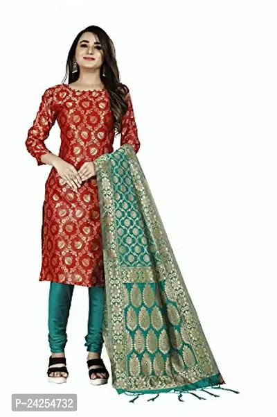 Womens Jacquard Red Banarasi Silk Woven Salwar Suit (Dress) Material With Dupatta