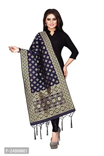 Womens Navy Banarasi Silk Zari Woven Dupatta/Chunni With Tassel.(DUP_SQ)-thumb0