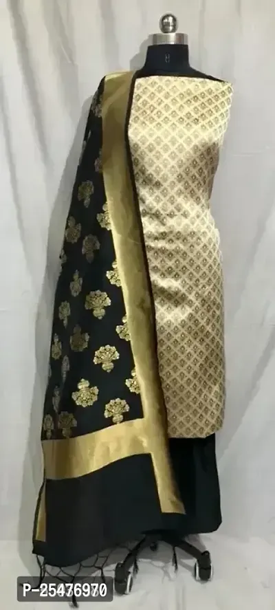 Women's Jacquard Cream Banarasi Silk Woven Salwar Suit (Dress) Material With Dupatta.-thumb0