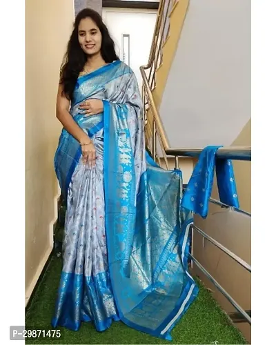 Womens Grey Sky Blue Dola Silk Printed Saree With Blouse Piece