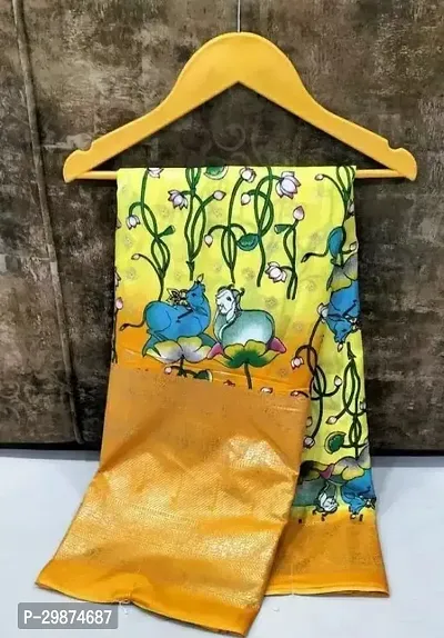Womens Yellow Dola Silk Printed Saree With Blouse Piece