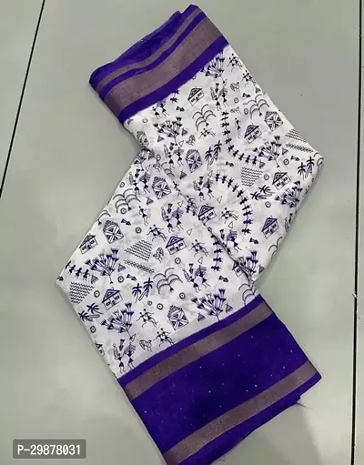 Womens White Blue Dola Silk Printed Saree With Blouse Piece