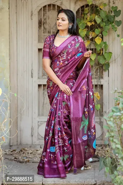 Women Purple Dola Silk kalamkari Print Saree With Blouse Piece-thumb0