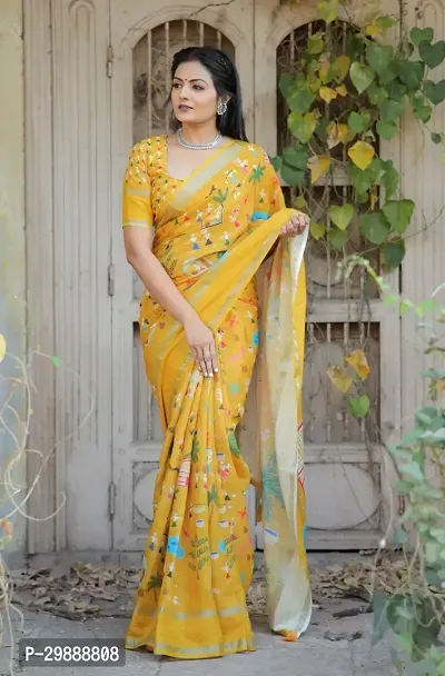 Women Yellow Dola Silk Kalamkari Printed Saree With Blouse Piece