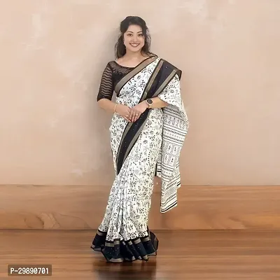 Womens White Black Dola Silk Kalamkari Printed Saree With Blouse Piece