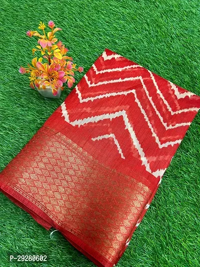 Stylish Red Linen Printed Saree With Blouse Piece For Women