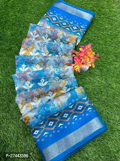 Elegant Blue Linen Printed Bollywood Saree with Blouse piece