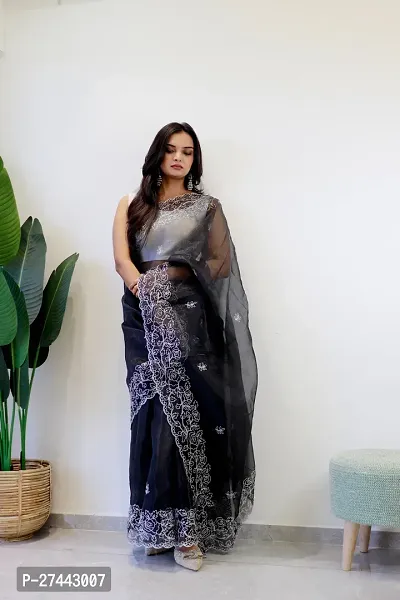 Stylish Organza Black Embroidered Saree With Blouse Piece For Women-thumb0