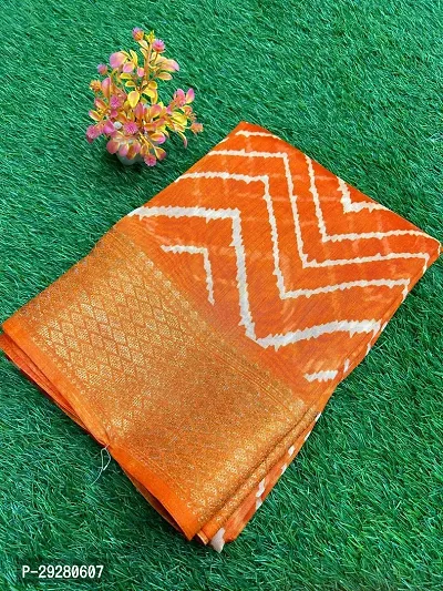 Stylish Orange Linen Printed Saree With Blouse Piece For Women