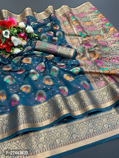 Stylish Organza Blue Printed Saree With Blouse Piece For Women-thumb0