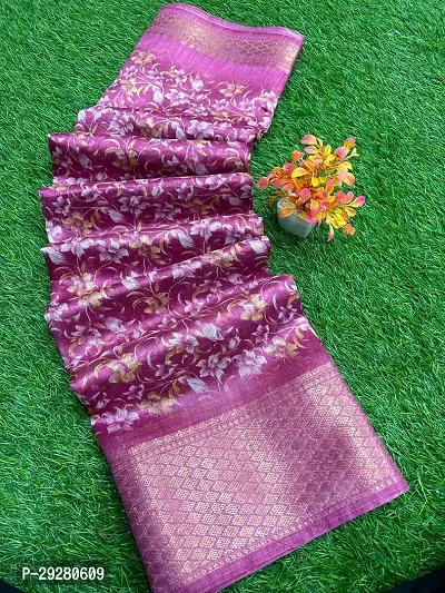 Stylish Pink Linen Printed Saree With Blouse Piece For Women