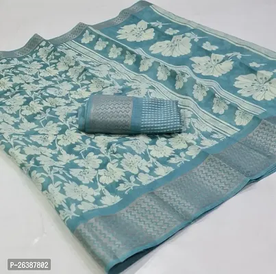Linen Floral Sarees With Blouse Piece-thumb0