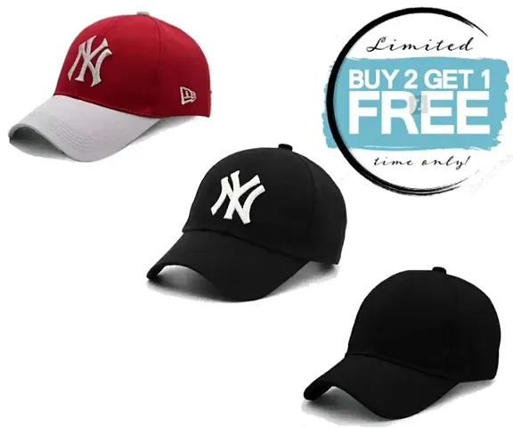 BUY 2 GET 1 FREE, NY Black + NY Red + Normal Black Cap (Pack of 3) Most Selling Latest Trending Summer Caps, New Caps, Caps for boys and men, Mens Caps under 299 Caps Combo .New Design Caps
