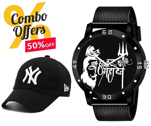 Stylish Mens Analog Mahadev watch with Sports Cap (Pack of 2) Best Selling Combo for Men Boys, Classy watches, Mahadev watch, Mahadev Dial, Stylish Analog watch with BTS Cap.