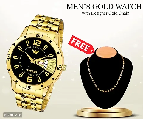 Men's Black Dial Gold Bracelet Day  Date Wrist Watch, With Free Designer Gold Chain For Men  Boys, Latest Trending Combo For Men,-thumb0