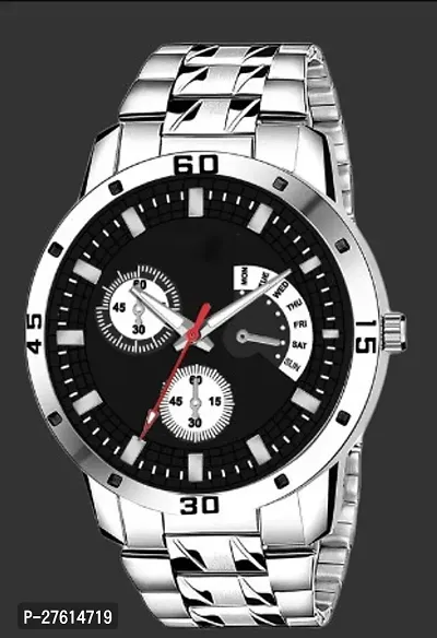 Stylish Silver Chain Black Dial Analog Wrist watch for Boys Men