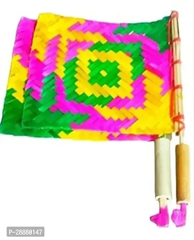 Bamboo Handmade Hand Fan|Delty Needs Pankha|Air Blower|Bamboo Hande Handicraft Fan with Handle Round Shape Vat Savitri Pooja Hand Fan Pack Of-2, Multicolor-thumb0