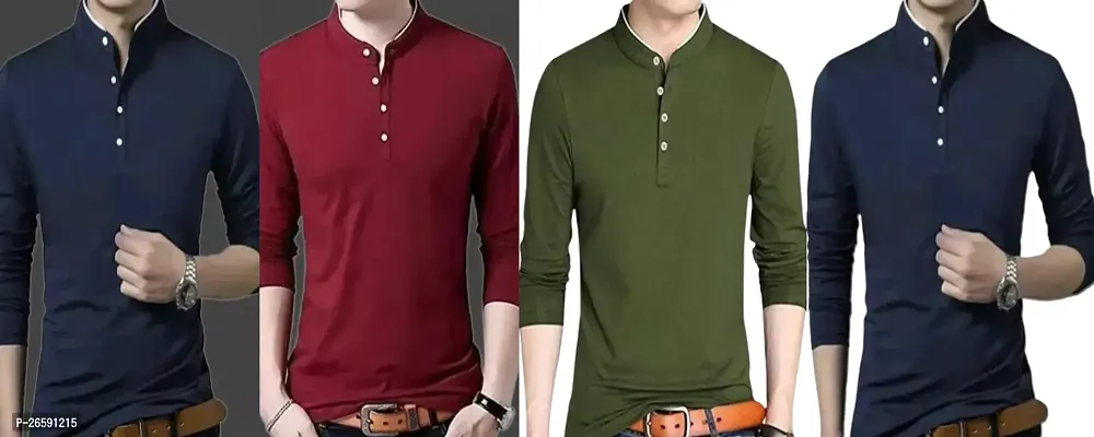 Reliable Cotton Blend Solid Henley Tees For Men Pack Of 4