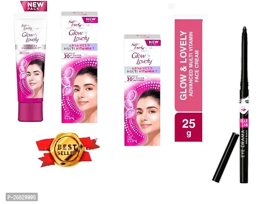 Glow  Lovely Face Cream Advanced Multivitamin 25g pack of 3,Elle 18 Eye Drama Kajal, Bold Black, 0.35g
