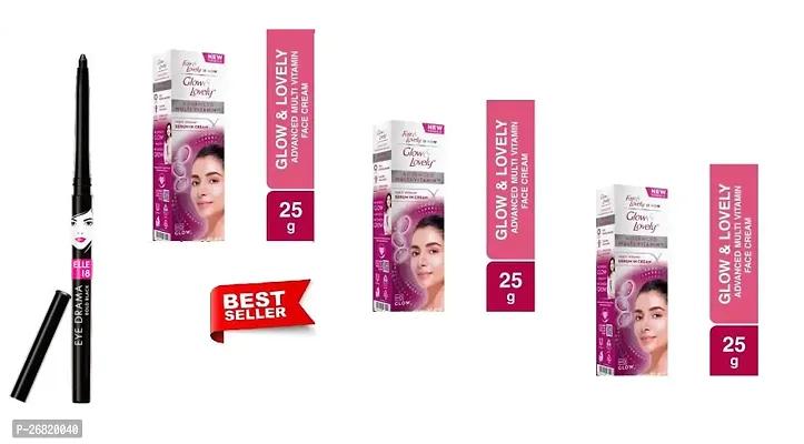 Glow  Lovely Face Cream Advanced Multivitamin 25g pack of 3,Elle 18 Eye Drama Kajal, Bold Black, 0.35g