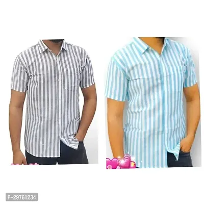 Stylish Multicoloured Cotton Blend Striped Short Sleeves Shirt For Men Pack Of 2