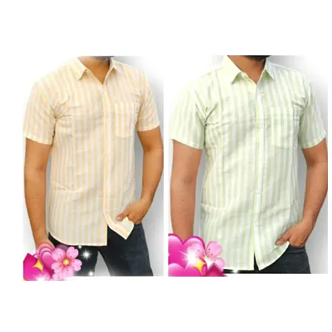 Stylish Blend Striped Short Sleeves Shirt For Men Pack Of 2