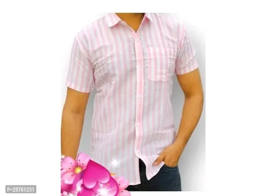 Stylish Pink Cotton Blend Striped Short Sleeves Shirt For Men-thumb0