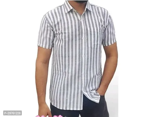 Stylish Grey Cotton Blend Striped Short Sleeves Shirt For Men-thumb0