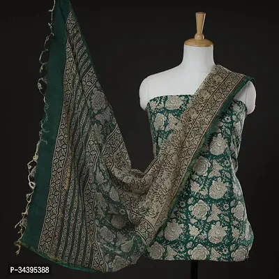 Elegant Green Cotton Printed Dress Material with Dupatta For Women-thumb0