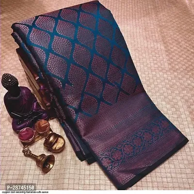 Stylish Silk Blend Blue Woven Design Saree with Blouse piece For Women-thumb0