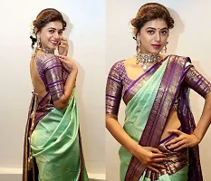 Stylish Silk Blend Green Woven Design Saree with Blouse piece For Women-thumb1