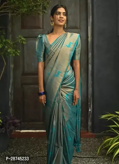 Stylish Silk Blend Turquoise Woven Design Saree with Blouse piece For Women