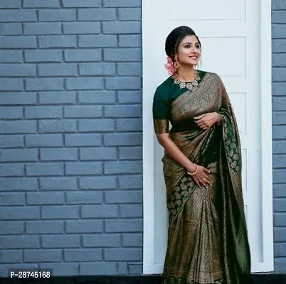 Stylish Silk Blend Green Woven Design Saree with Blouse piece For Women-thumb0