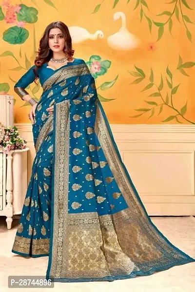 Stylish Silk Blend Blue Embroidered Saree with Blouse piece For Women