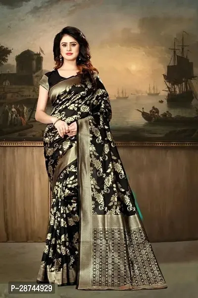 Stylish Silk Blend Black Zari Woven Saree with Blouse piece For Women-thumb0