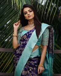 Stylish Silk Blend Navy Blue Woven Design Saree with Blouse piece For Women-thumb2