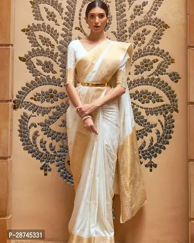 Stylish Silk Blend White Woven Design Saree with Blouse piece For Women-thumb0